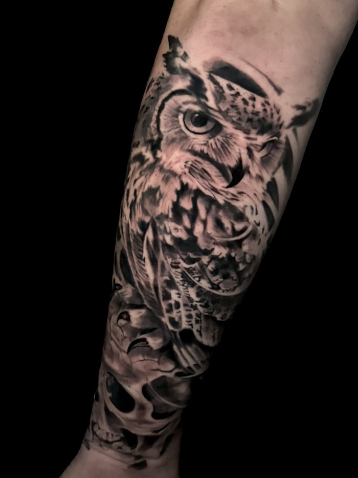 Black and grey realism owl tattoo by Austina Obscure