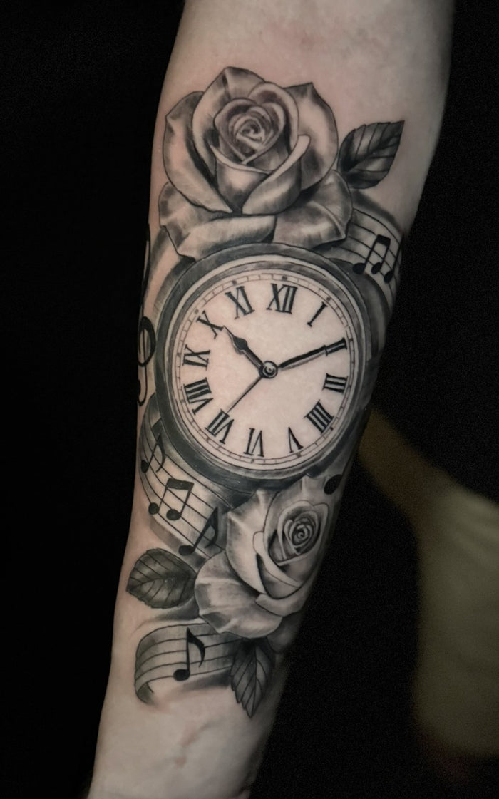 Pocket watch, roses and music notes tattoo by Austina Obscure